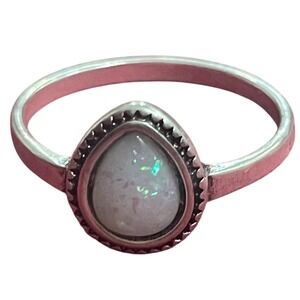 Boho Silver Tone Teardrop Faux Opal Bezel Ring Size 8 Vintage Style Pear Stone